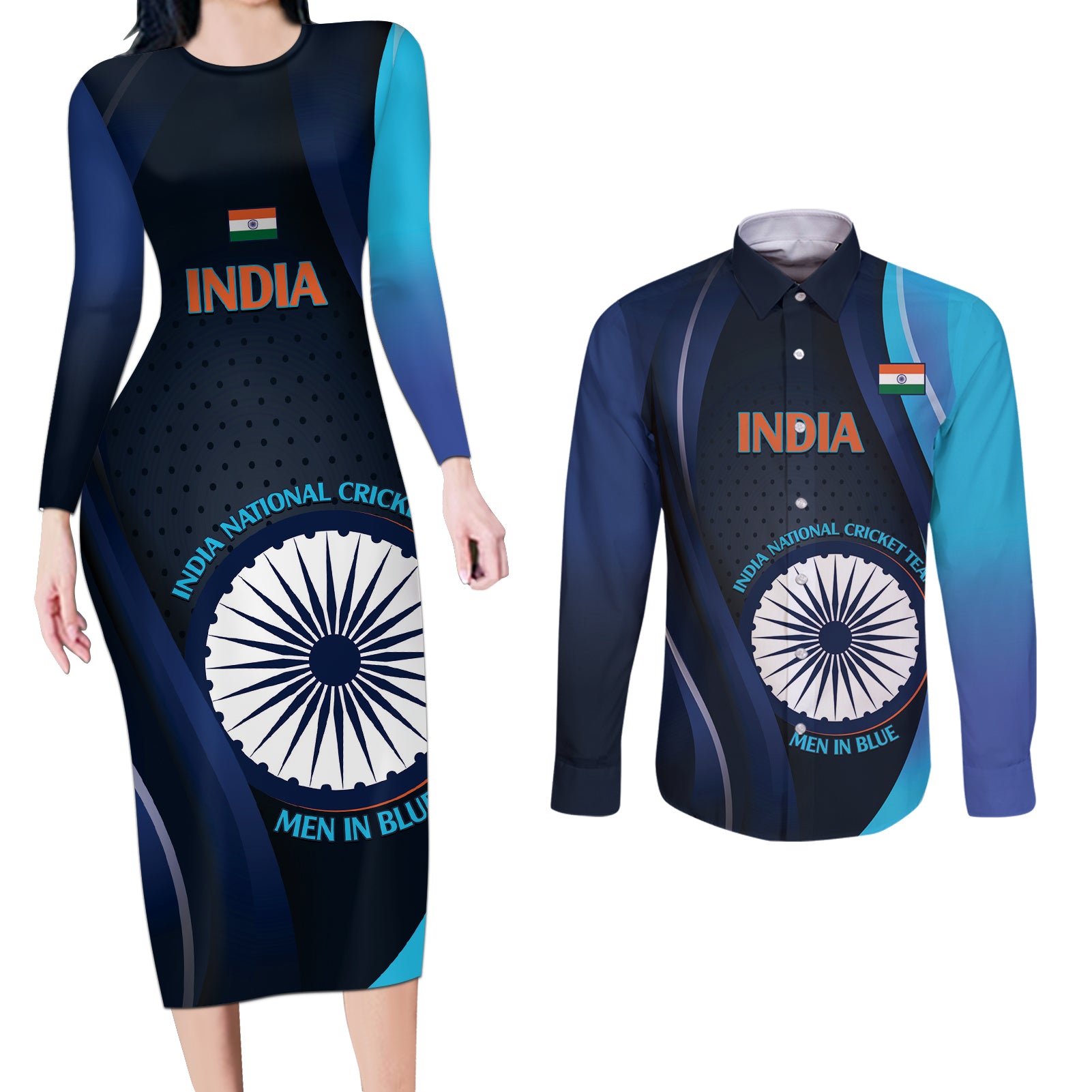 Custom India Cricket Couples Matching Long Sleeve Bodycon Dress and Long Sleeve Button Shirt 2024 World Cup Go Men in Blue - Wonder Print Shop