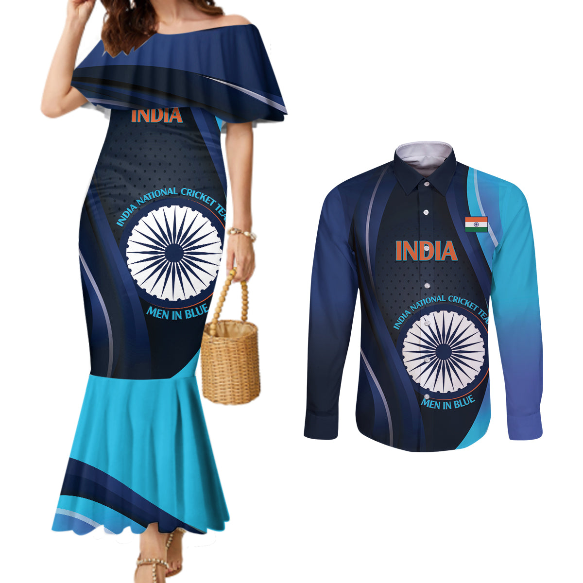 Custom India Cricket Couples Matching Mermaid Dress and Long Sleeve Button Shirt 2024 World Cup Go Men in Blue