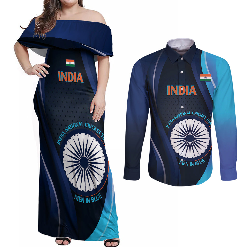 Custom India Cricket Couples Matching Off Shoulder Maxi Dress and Long Sleeve Button Shirt 2024 World Cup Go Men in Blue - Wonder Print Shop