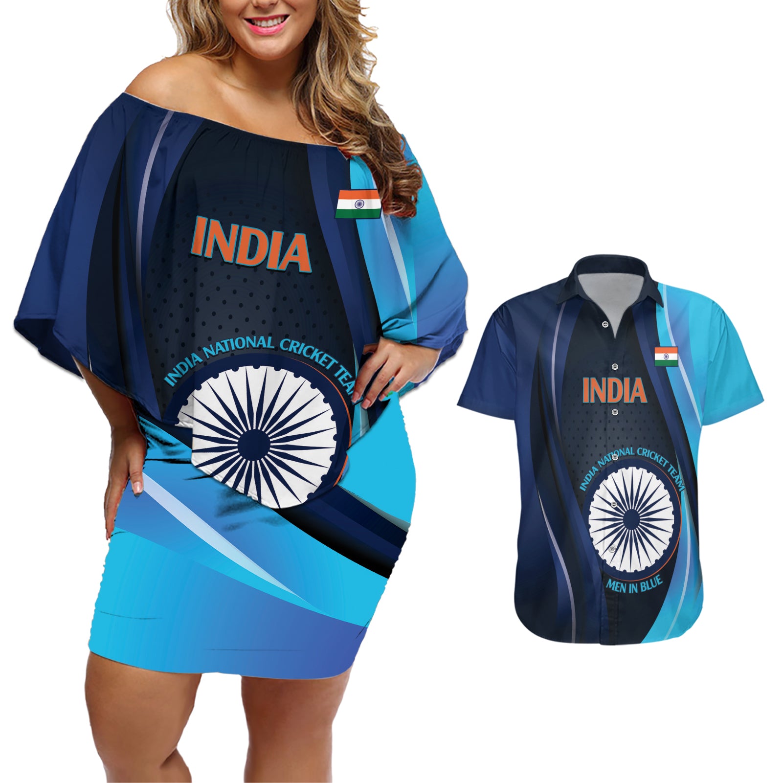 Custom India Cricket Couples Matching Off Shoulder Short Dress and Hawaiian Shirt 2024 World Cup Go Men in Blue - Wonder Print Shop