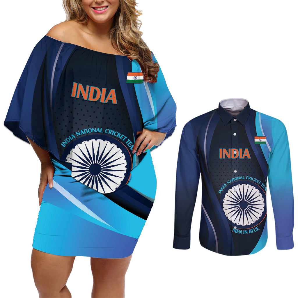 Custom India Cricket Couples Matching Off Shoulder Short Dress and Long Sleeve Button Shirt 2024 World Cup Go Men in Blue - Wonder Print Shop