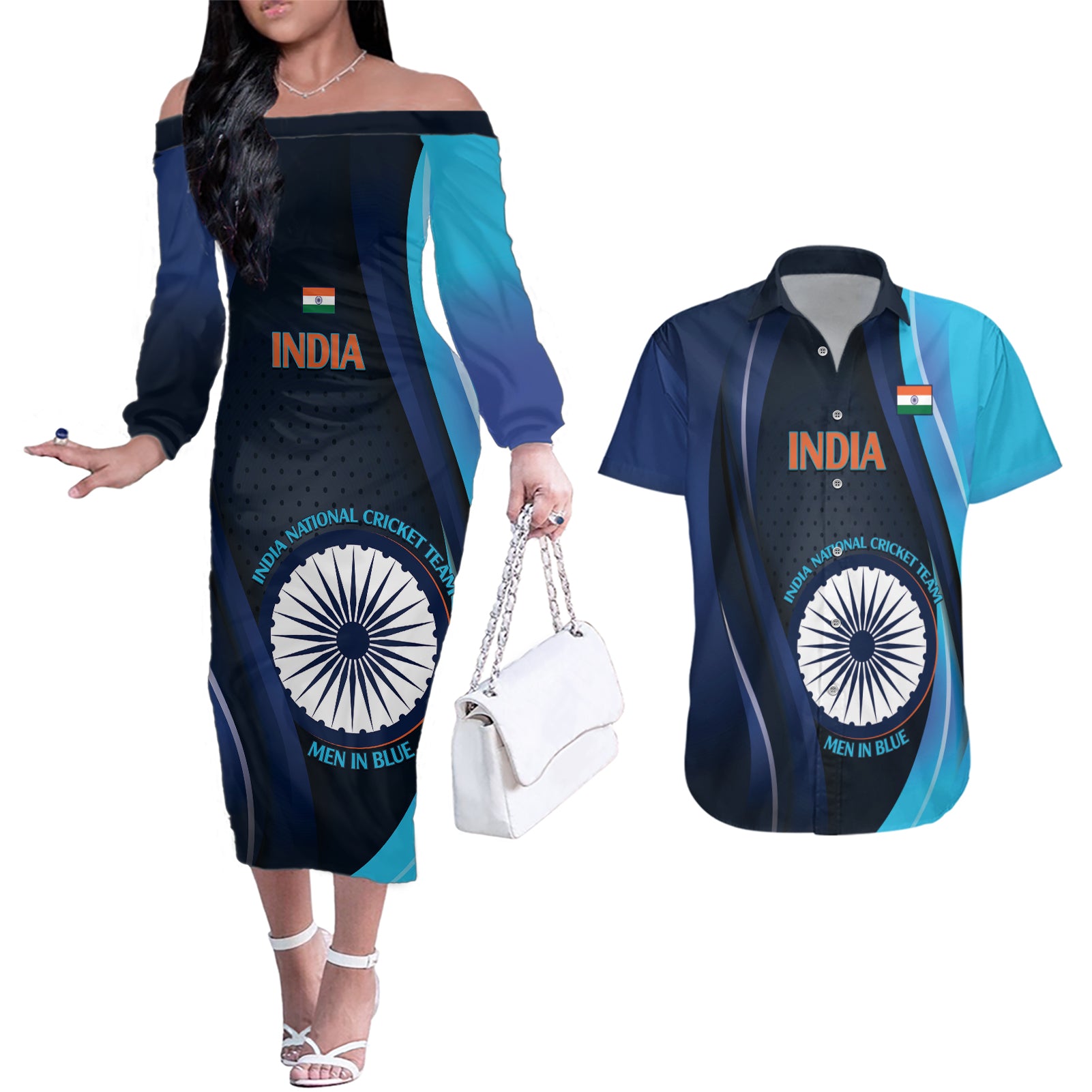 Custom India Cricket Couples Matching Off The Shoulder Long Sleeve Dress and Hawaiian Shirt 2024 World Cup Go Men in Blue - Wonder Print Shop