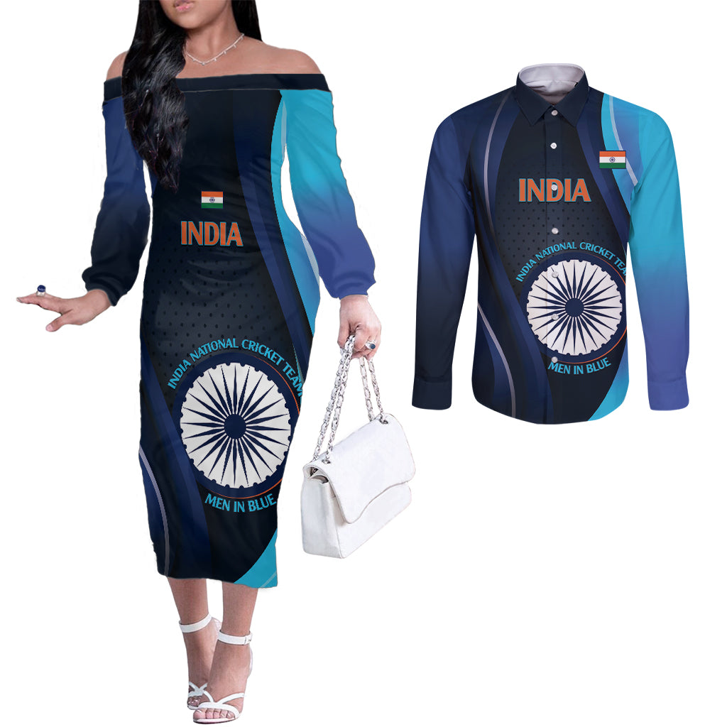 Custom India Cricket Couples Matching Off The Shoulder Long Sleeve Dress and Long Sleeve Button Shirt 2024 World Cup Go Men in Blue