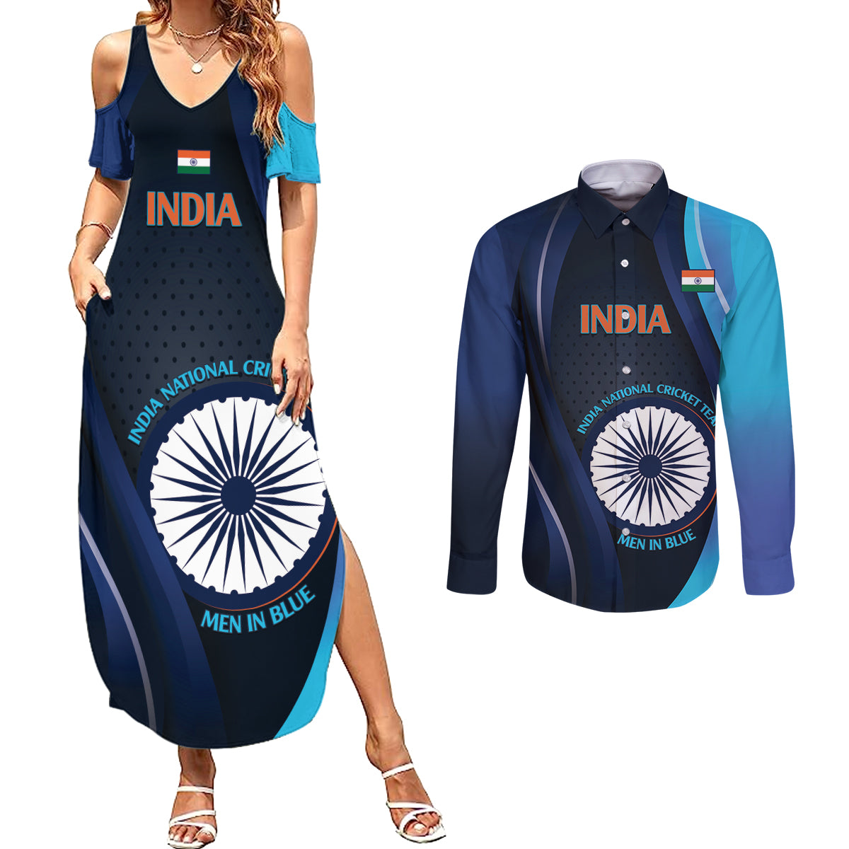 Custom India Cricket Couples Matching Summer Maxi Dress and Long Sleeve Button Shirt 2024 World Cup Go Men in Blue - Wonder Print Shop