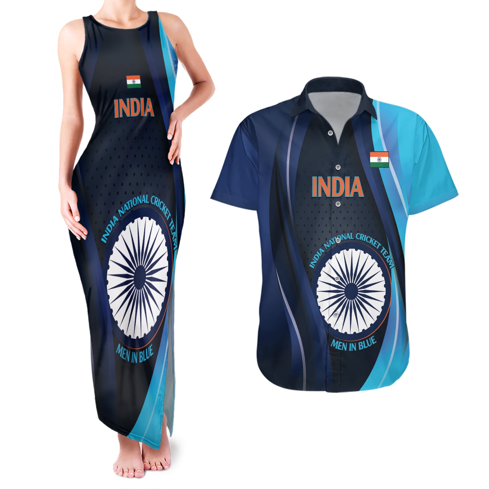 Custom India Cricket Couples Matching Tank Maxi Dress and Hawaiian Shirt 2024 World Cup Go Men in Blue - Wonder Print Shop