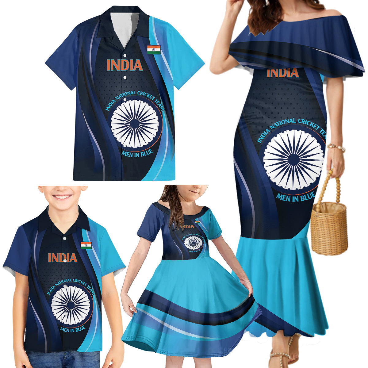 Custom India Cricket Family Matching Mermaid Dress and Hawaiian Shirt 2024 World Cup Go Men in Blue - Wonder Print Shop