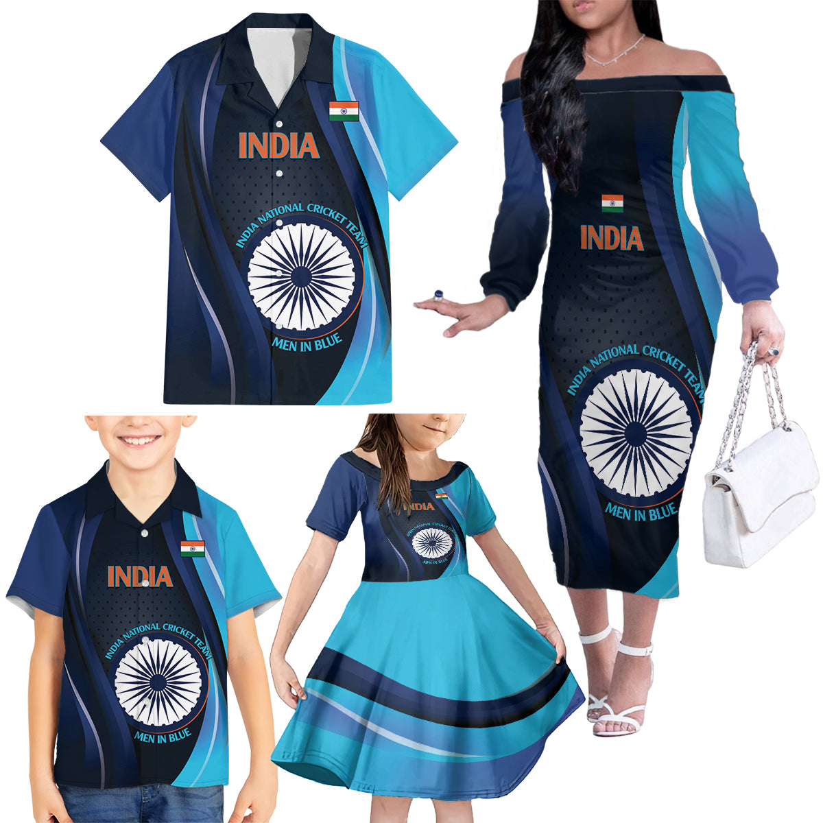 Custom India Cricket Family Matching Off The Shoulder Long Sleeve Dress and Hawaiian Shirt 2024 World Cup Go Men in Blue - Wonder Print Shop