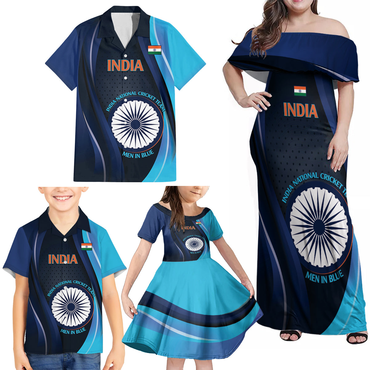 Custom India Cricket Family Matching Off Shoulder Maxi Dress and Hawaiian Shirt 2024 World Cup Go Men in Blue - Wonder Print Shop