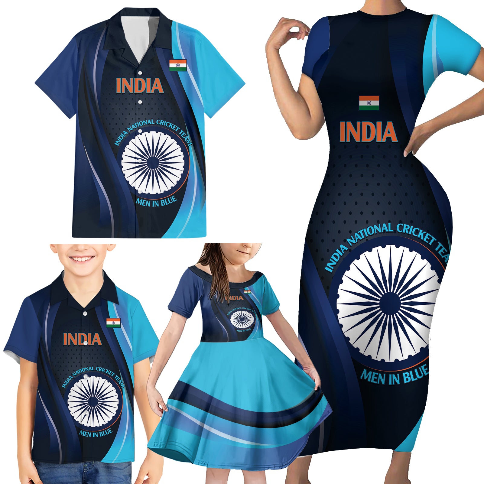 Custom India Cricket Family Matching Short Sleeve Bodycon Dress and Hawaiian Shirt 2024 World Cup Go Men in Blue - Wonder Print Shop