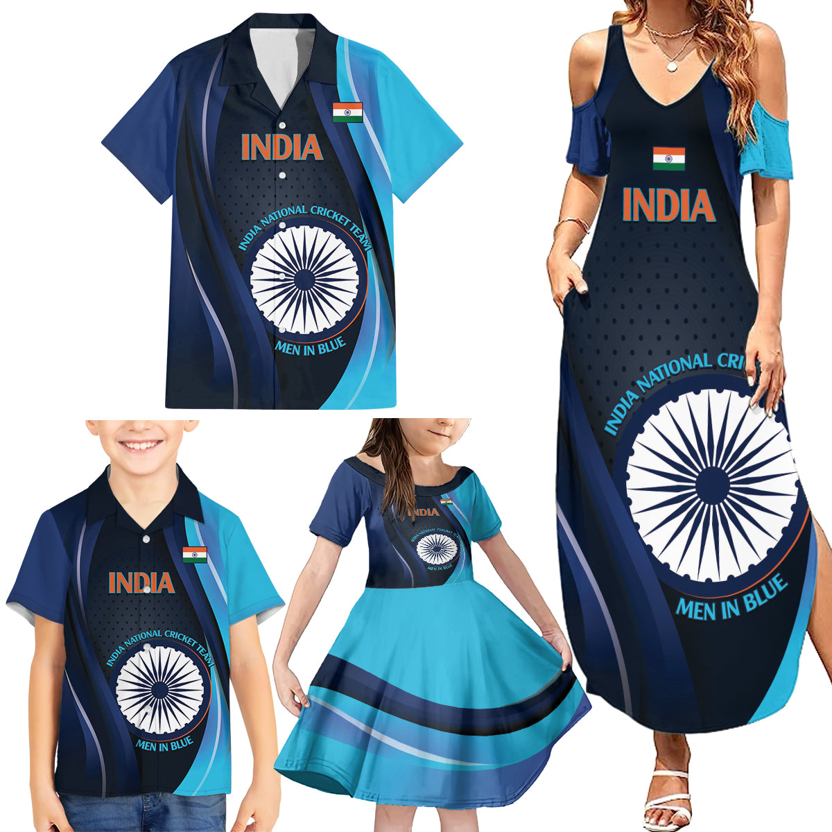 Custom India Cricket Family Matching Summer Maxi Dress and Hawaiian Shirt 2024 World Cup Go Men in Blue - Wonder Print Shop