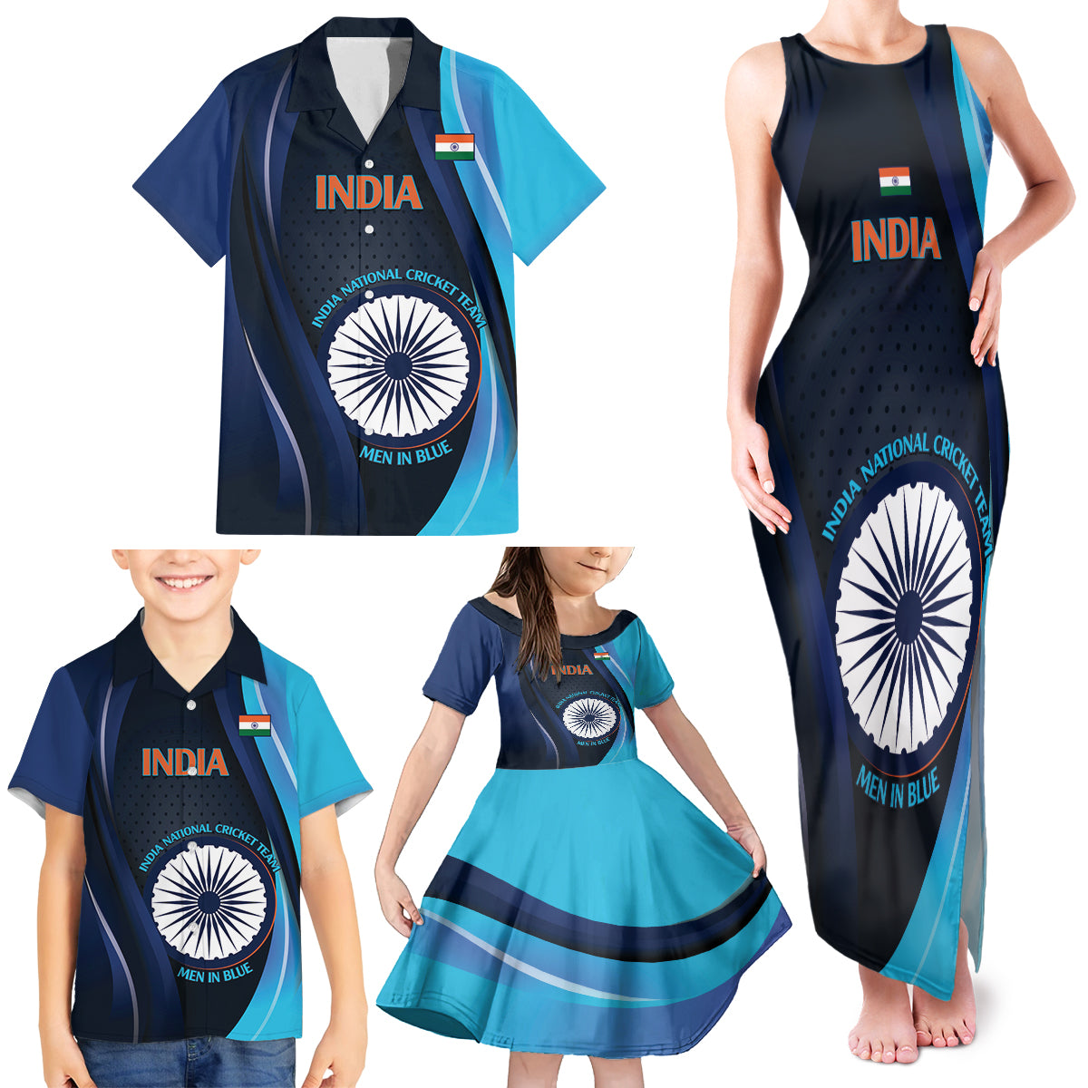 Custom India Cricket Family Matching Tank Maxi Dress and Hawaiian Shirt 2024 World Cup Go Men in Blue - Wonder Print Shop