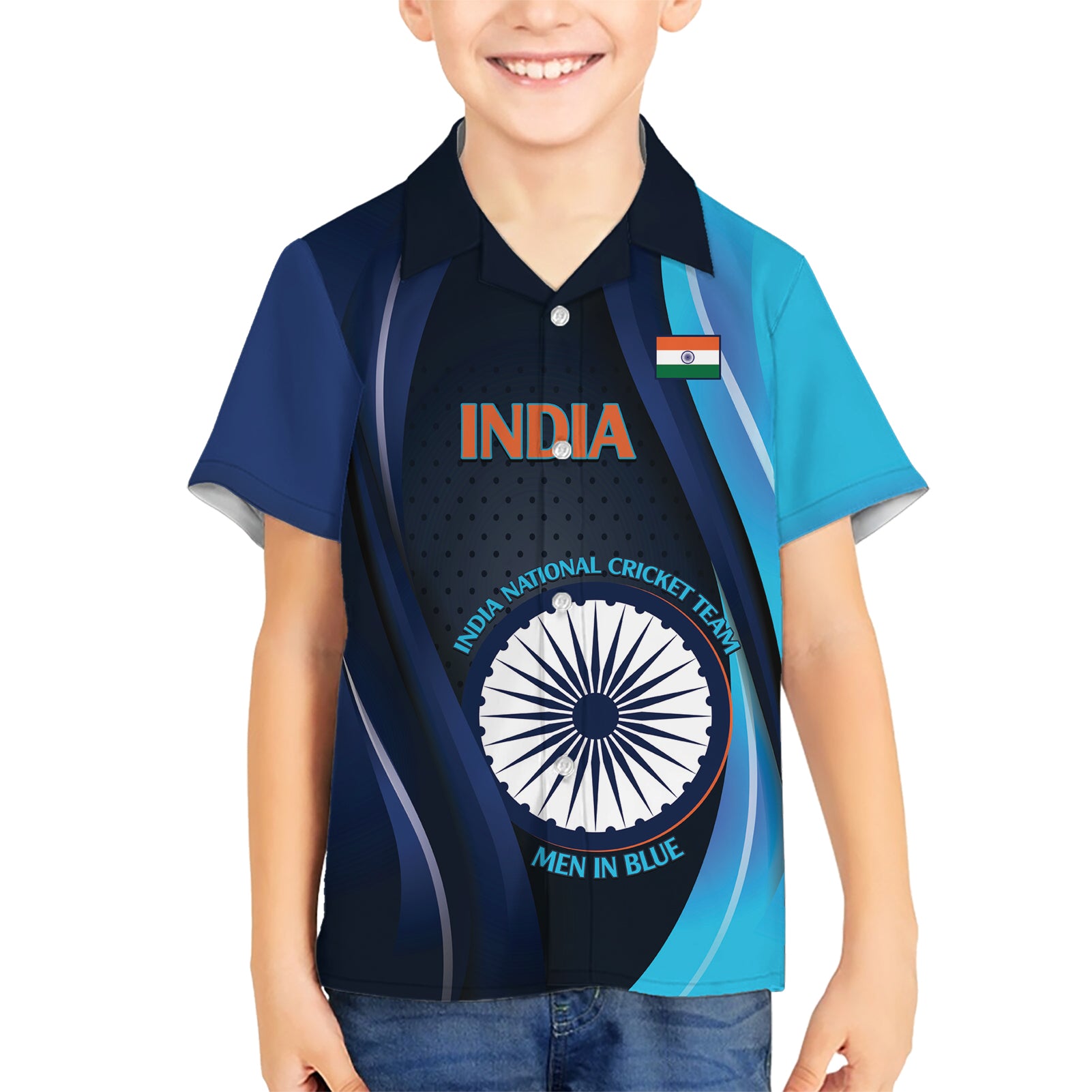 Custom India Cricket Kid Hawaiian Shirt 2024 World Cup Go Men in Blue - Wonder Print Shop