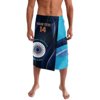 Men's blue cricket lavalava shorts with team logo and number 14 graphic