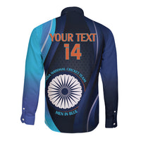 Blue long-sleeve button cricket shirt with back print "YOUR TEXT 14" and crest