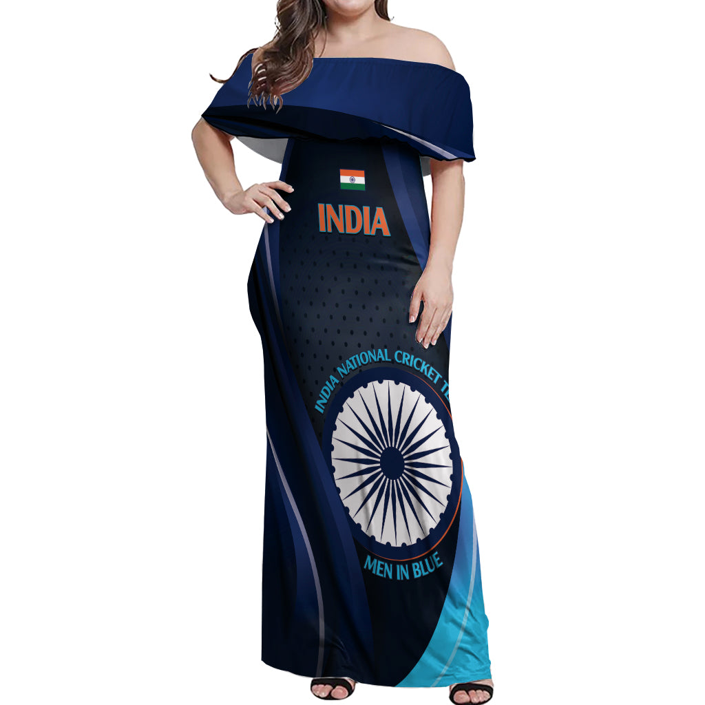 Custom India Cricket Off Shoulder Maxi Dress 2024 World Cup Go Men in Blue - Wonder Print Shop