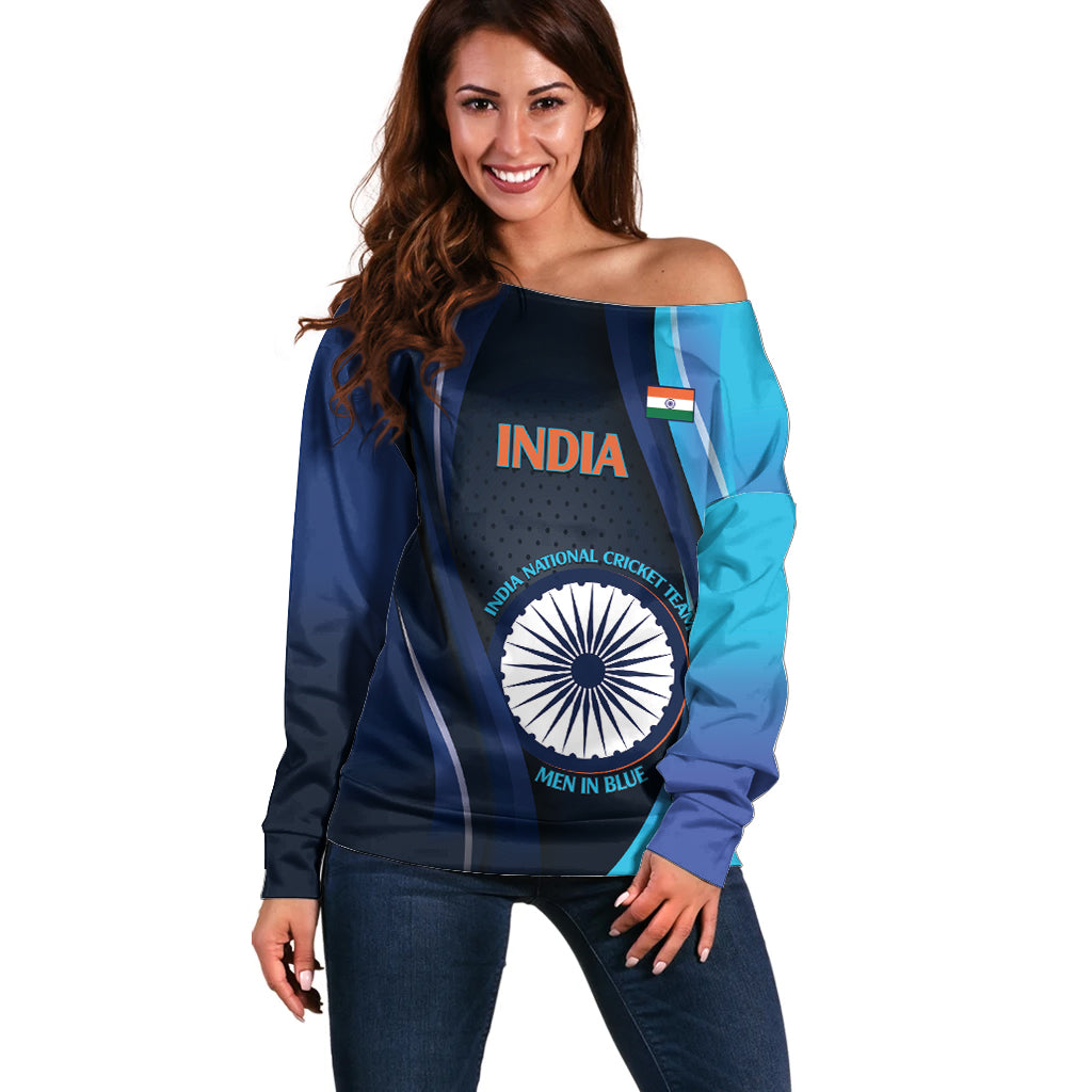 Custom India Cricket Off Shoulder Sweater 2024 World Cup Go Men in Blue - Wonder Print Shop