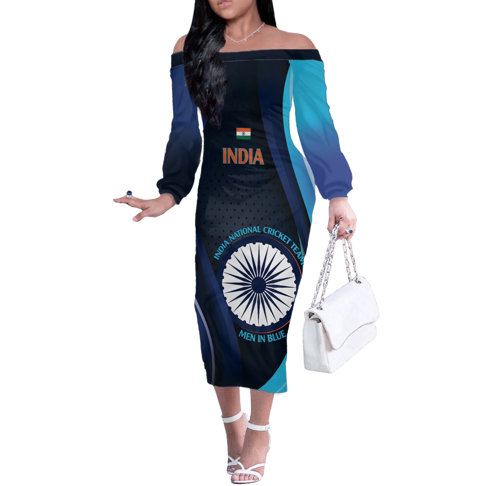 Custom India Cricket Off The Shoulder Long Sleeve Dress 2024 World Cup Go Men in Blue - Wonder Print Shop