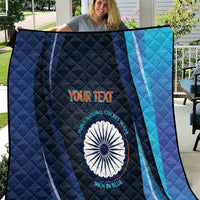 Blue quilt blanket with diamond stitching, diagonal blue stripe, India cricket emblem and custom text