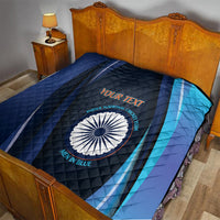 Blue quilt blanket with diamond stitching, diagonal blue stripe, India cricket emblem and custom text