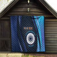 Blue quilt blanket with diamond stitching, diagonal blue bands, India cricket emblem and your text