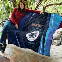 Blue quilt blanket with diamond stitching, diagonal stripes, India cricket emblem with custom message