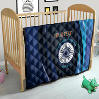 Blue quilt blanket with diamond stitching, diagonal stripes, India cricket emblem and custom text