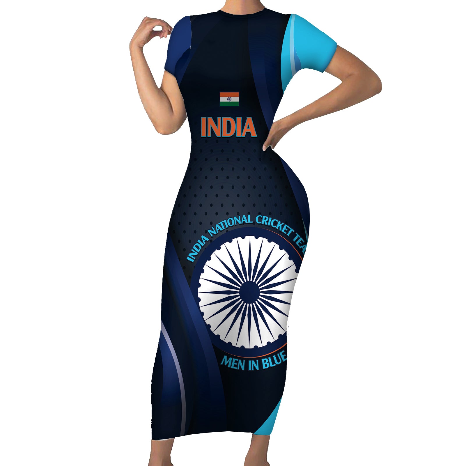 Custom India Cricket Short Sleeve Bodycon Dress 2024 World Cup Go Men in Blue