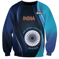 Blue sweatshirt with bold INDIA crest graphic, long sleeves, crew neck