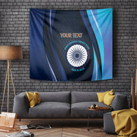 Blue cricket tapestry with circular team logo and orange 'YOUR TEXT' print