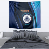 Blue cricket tapestry with central circular logo and orange 'YOUR TEXT' lettering