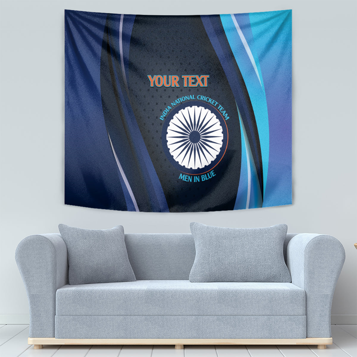 Blue cricket tapestry with team crest, and orange 'YOUR TEXT' across the center