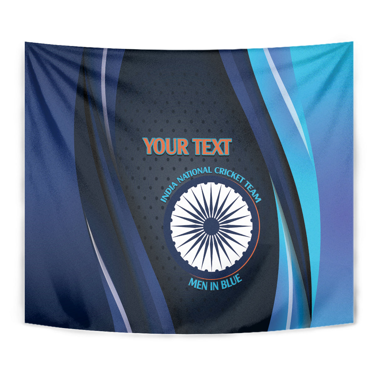 Blue cricket tapestry close-up with circular emblem and orange 'YOUR TEXT'
