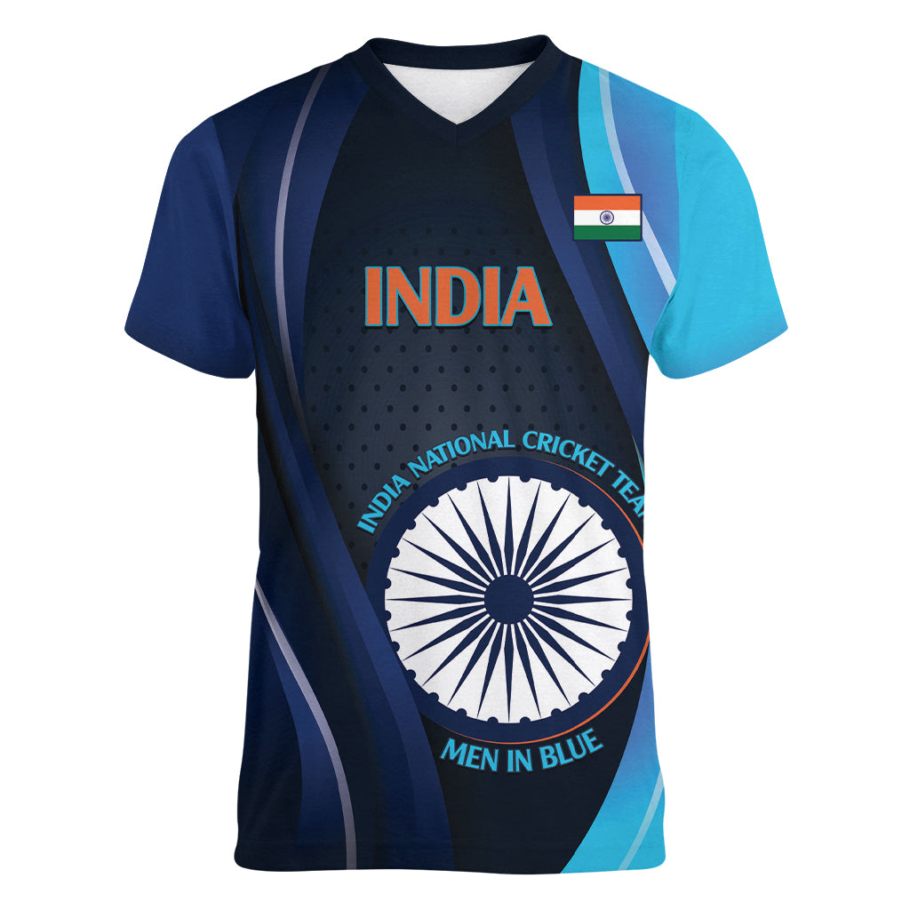 Custom India Cricket Women V-Neck T-Shirt 2024 World Cup Go Men in Blue