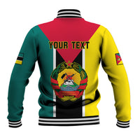 Back baseball jacket with 'YOUR TEXT' and crest graphic, striped ribbed collar and cuffs.
