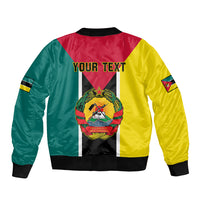 Mozambique flag-style bomber jacket back print with 'YOUR TEXT' and crest emblem, ribbed cuffs