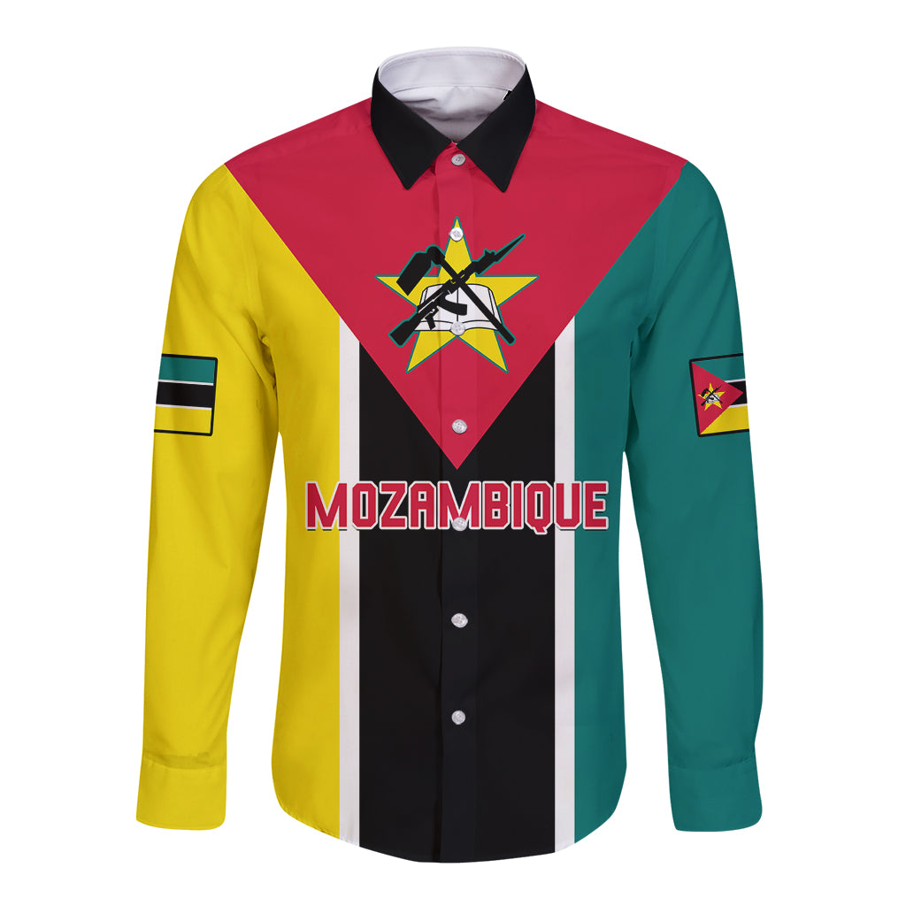 Long-sleeve button shirt with Mozambique flag style panel print, black collar