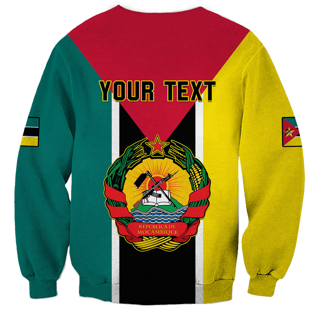 Personalized Mozambique flag sweatshirt with 'YOUR TEXT' back and crest 'REPUBLICA DE MOCAMBIQUE'