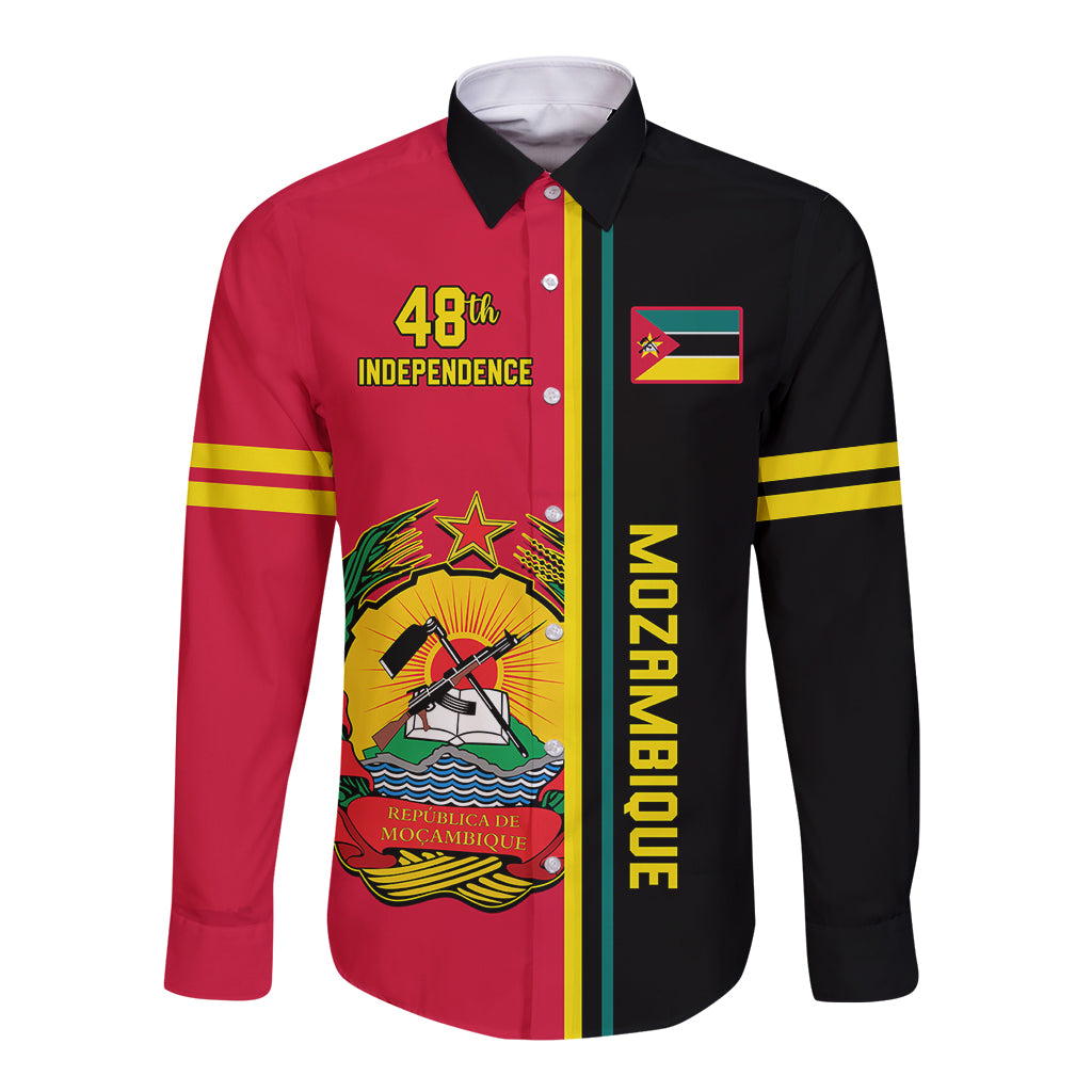 Red and black long-sleeve button shirt with Mozambique emblem and 48th Independence print