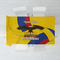 Yellow Colombia Independence Day tablecloth with eagle emblem and patriotic graphics