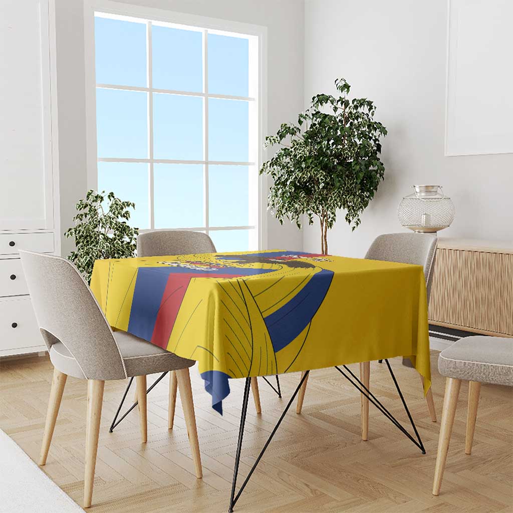 Yellow tablecloth with blue and red diagonal stripes and bold eagle-style artwork