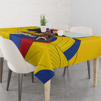 Yellow patriotic tablecloth draped over dining table with blue and red stripe panels