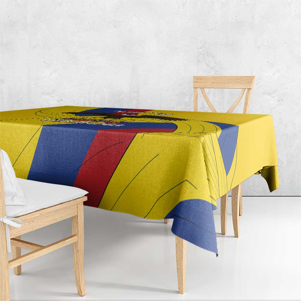 Yellow Independence Day tablecloth with blue and red geometric stripe design