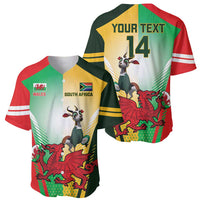 Rugby baseball jersey with Wales & South Africa crests, dragon and antelope graphics
