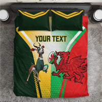 Rugby-themed bedding set: green/yellow/ red duvet and two pillowcases with bull, dragon, “YOUR TEXT”