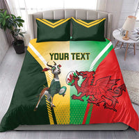 Rugby-themed bedding set on bed with green, yellow, and red duvet; bull and dragon; “YOUR TEXT”
