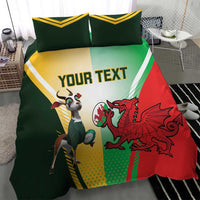 Rugby-themed bedding set with green, yellow, and red graphic; bull and dragon; “YOUR TEXT”