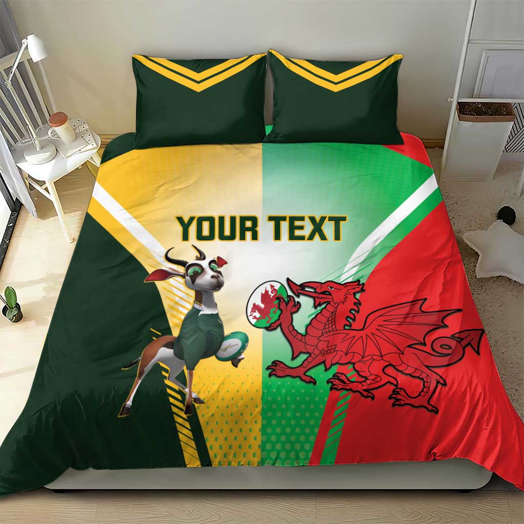 Rugby-themed duvet cover in green, yellow, and red with bull and dragon; “YOUR TEXT” and pillows