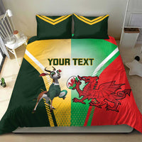 Rugby-themed duvet cover in green, yellow, and red with bull and dragon; “YOUR TEXT” and pillows