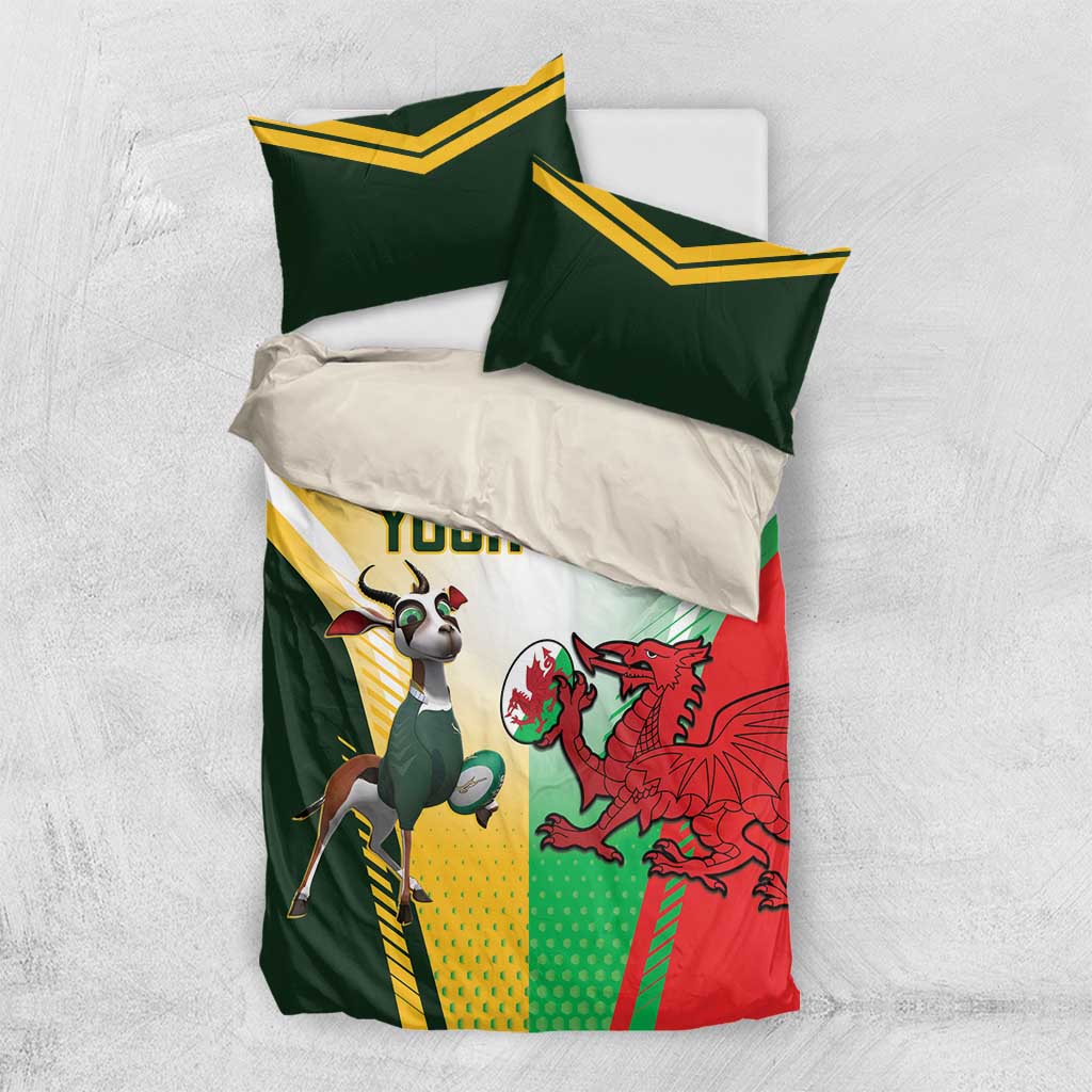 Rugby-themed duvet cover with green, yellow, and red mascots bull and dragon; “YOUR TEXT”