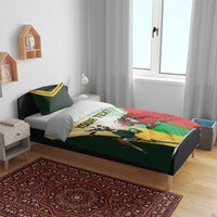 Rugby-themed bedding set with green, yellow, and red duvet featuring bull and dragon; “YOUR TEXT”